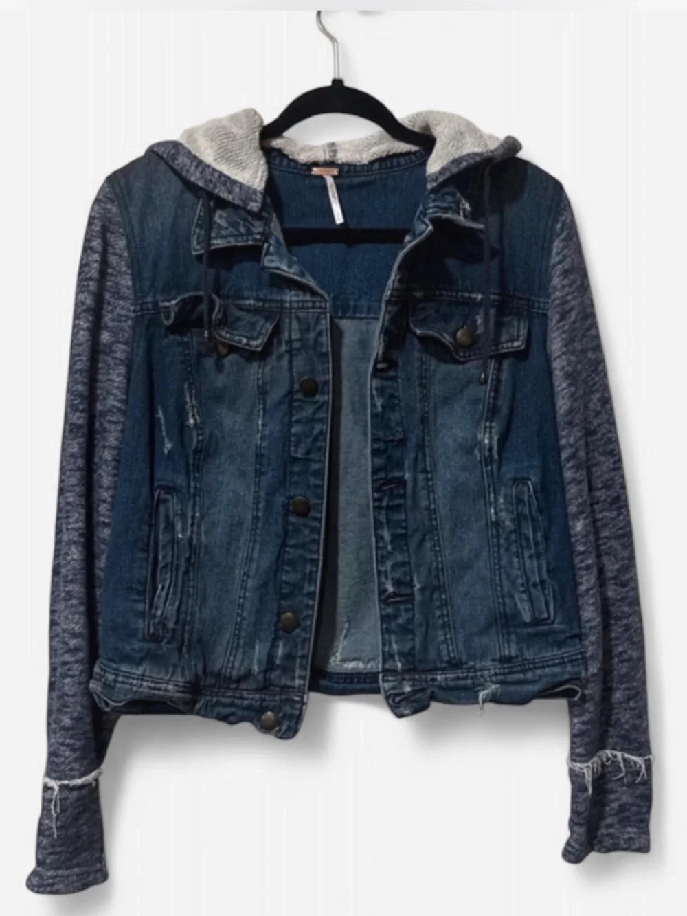Free People Indigo Denim Jacket with Knit Hood & Sleeves